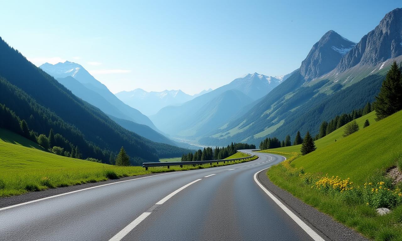 Panoramaaufnahme einer malerischen Schweizer Autobahn in den Alpen.