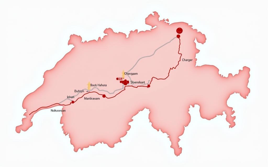 Stilisierte Karte der Schweiz, die die vignettenpflichtigen Hauptverkehrsadern hervorhebt.